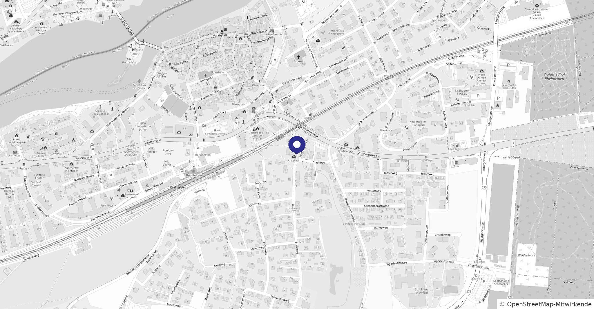 Karte: Lage des Hausarztzentrums am Stadtweg 4 in Rheinfelden, zwischen Bahnhof und Zürcherstrasse